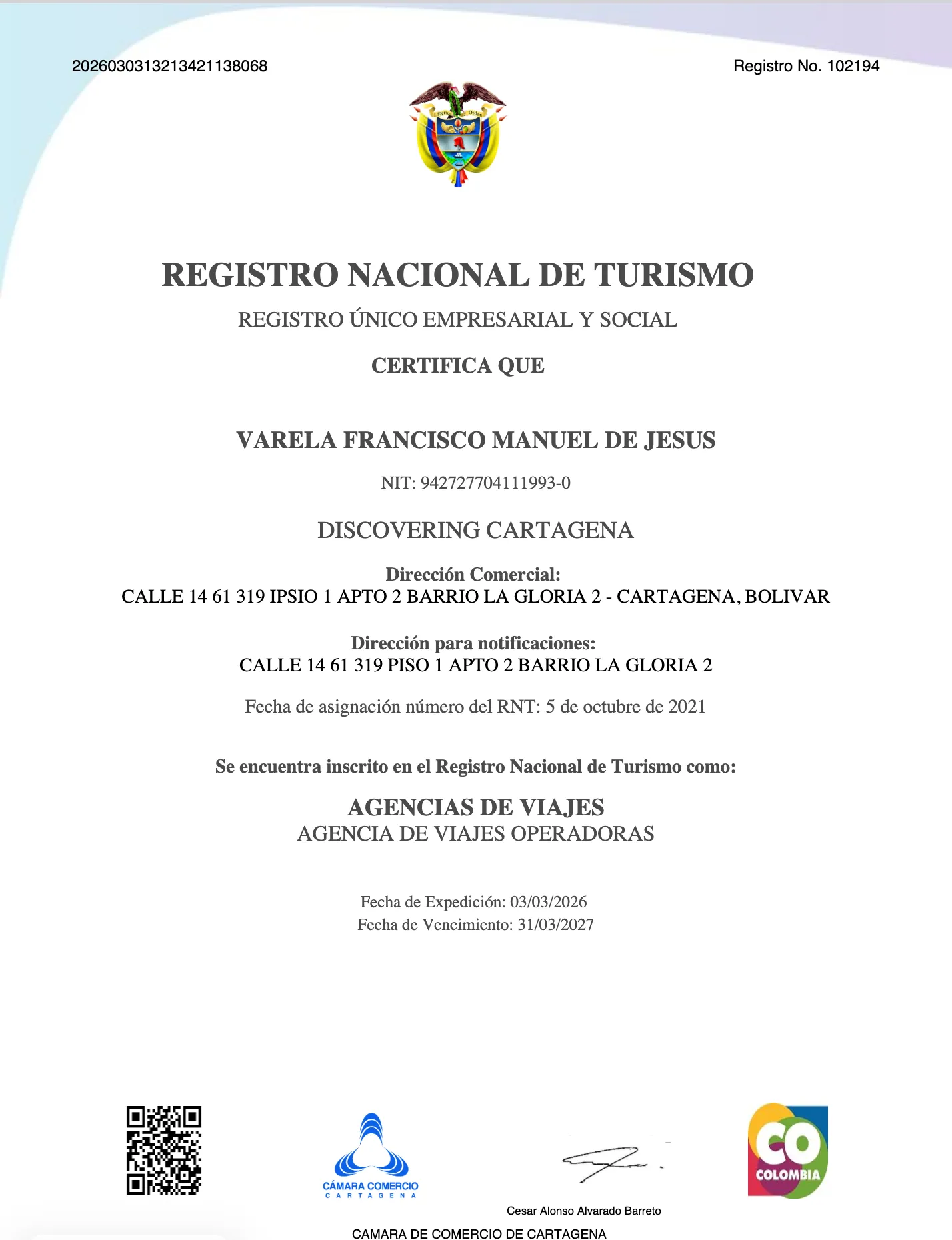 Certificado RNT 102194 - Discovering Cartagena